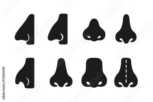 Nose Shapes Icons. Solid, filled icon set of nose shapes in cosmetic surgery: roman nose, aquiline nose, snub nose, upturned nose, crooked nose, narrow nose,