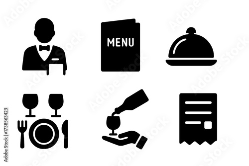 Restaurant Service Icons. Solid, filled icon set of restaurant service: waiter, menu, food tray, reservation card, table setup, serving plate, wine pour, guest