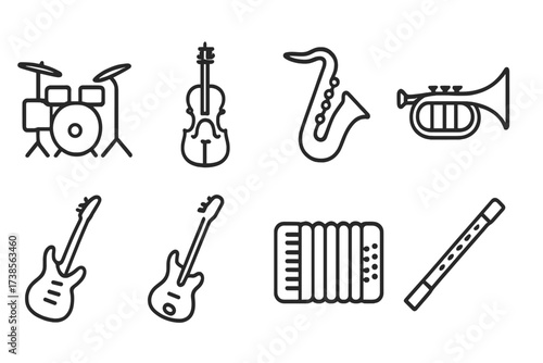 Musical Instrument Icons. Outline icon set of song instruments: drum set, violin, saxophone, trumpet, electric guitar, bass guitar, accordion, flute. Line