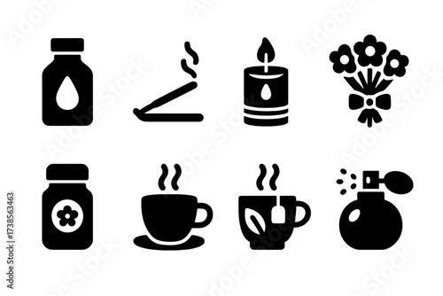 Aroma Icon Collection. Solid, filled icon set of aroma sources: essential oil bottle, incense stick, scented candle, flower bouquet, spice jar, coffee cup,