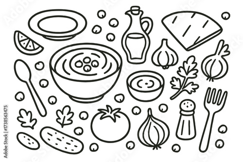 Hummus Ingredients Doodle. Hand-drawn doodle illustration Humus bowl, spoon, pita bread, olive oil bottle, garlic, lemon, parsley, chickpeas, plate, dipping