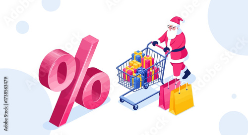 Santa Claus Pushing Shopping Cart Full of Christmas Gifts With Discount Percentage Symbol Suggesting Holiday Sales and Promotions During Festive Season