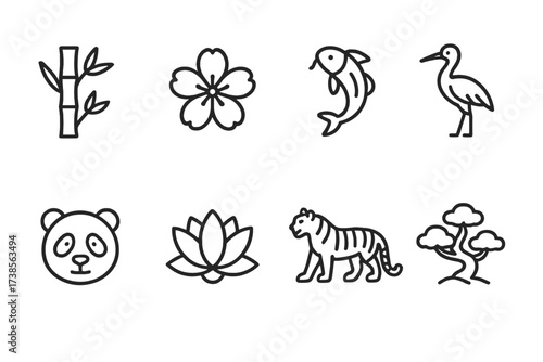 Chinese Nature Icons. Outline icon set of Chinese nature and animals: bamboo, cherry blossom, koi fish, crane bird, panda, lotus flower, tiger, pine tree. Line