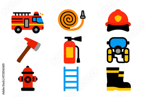 Fire Rescue Icons. Flat vector icons of fire rescue: fire engine, fire hose, firefighter helmet, axe, fire extinguisher, breathing