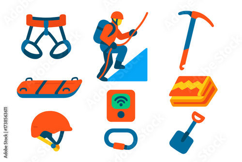 Mountain Rescue Icons. Flat vector icons of mountain rescue: rope harness, climber, ice axe, rescue sled, avalanche beacon,