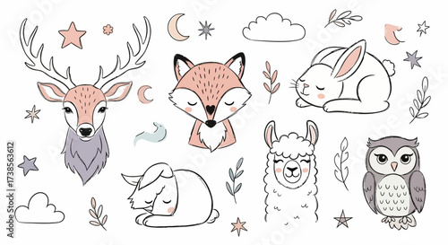 Whimsical Woodland Creatures and Celestial Elements for Children's Designs and Nursery Decor