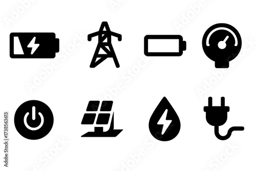 Energy Icons Grid. Solid, filled icon set of energy loss: battery draining, power outage, low battery icon, energy meter, electricity off, solar panel shadow,