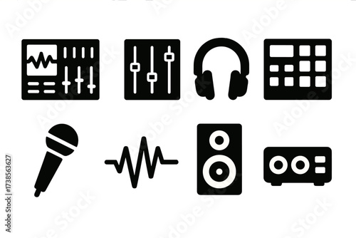 Hip Hop Production Icons. Solid, filled icon set of hip hop production: DAW, mixer, headphones, sampler, microphone, sound wave, speaker, audio interface.