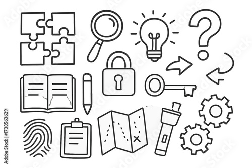 Puzzle Icons Illustration. Hand-drawn doodle illustration puzzle clue puzzle pieces, magnifying glass, question mark, notebook, light bulb, lock, key, arrows,