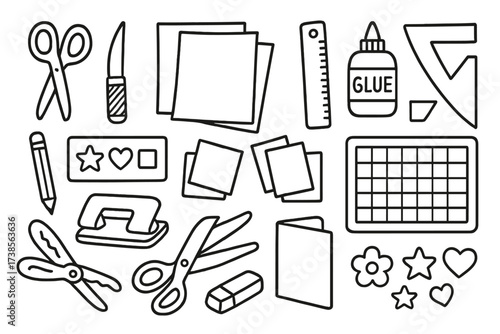 Crafting Tools Doodle. Hand-drawn doodle illustration paper crafting cut scissors, craft knife, paper sheets, ruler, glue, pencil, stencil, colored paper,