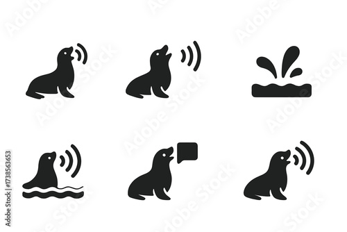 Seal Sound Icons. Solid, filled icon set of seal sounds and communication: bark, howl, whistle, splash, vocalization, underwater sound, call, echo. Solid,
