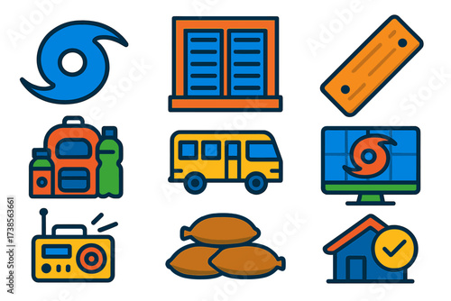 Hurricane Preparedness Icons. Flat vector icons of hurricane preparedness: hurricane icon, shuttered windows, boarding plank,