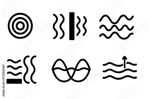 Wave Phenomena Icons. Solid, filled icon set of wave phenomena: ripple effect, diffraction, interference, wave reflection, wave refraction, standing wave, wave