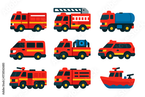 Firefighting Vehicle Icons. Flat vector icons of firefighting vehicles: fire engine truck, ladder truck, water tanker, rescue