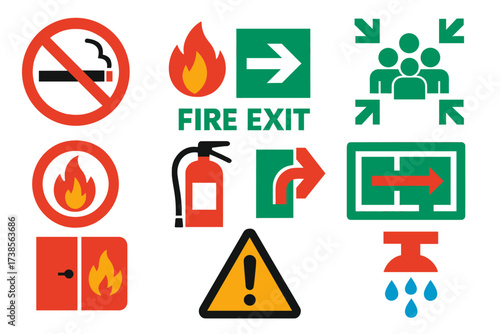Fire Safety Icons. Flat vector icons of fire prevention signage: no smoking sign, fire exit arrow, assembly point, keep clear