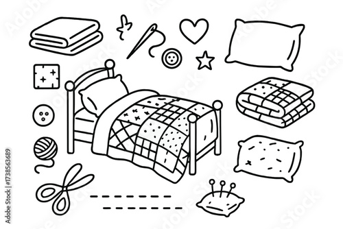 Cozy Quilt Doodles. Hand-drawn doodle illustration Cozy worn quilt bed, blanket, pillow, folded quilt, heart, star, thread, needle, scissors, button, yarn,