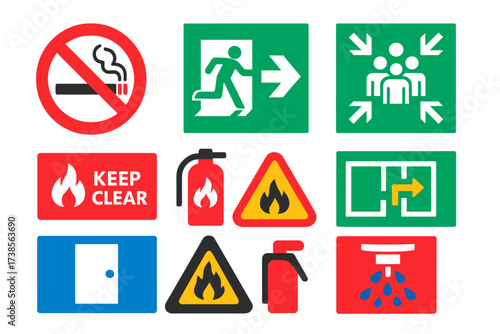 Fire Safety Icons. Flat vector icons of fire prevention signage: no smoking sign, fire exit arrow, assembly point, keep clear