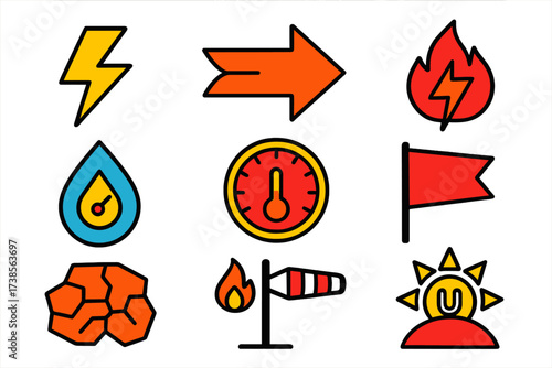 Fire Weather Icons. Flat vector icons of fire weather phenomena: lightning strike, high wind arrow, dry lightning, humidity gauge,