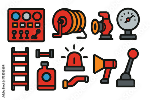 Fire Engine Icons. Flat vector icons of fire engine components: pump panel, hose reel, intake valve, discharge gauge, ladder rack,