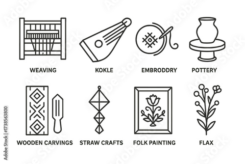 Latvian and Estonian Icon Set. Outline icon set of Latvian crafts and art: weaving loom, kokle instrument, pottery wheel, embroidery, wooden carvings, straw