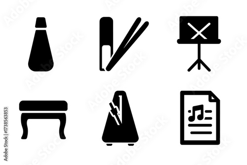 Jazz Accessories Icons. Solid, filled icon set of jazz accessories: trumpet mute, saxophone reed, drumsticks, piano bench, music stand, metronome, tuner, sheet