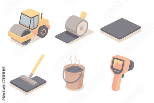 Isometric Roadwork Illustration. Isometric vector illustration set Compacting Asphalt Details: road roller side view, drum