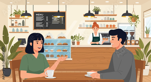 A Cozy Coffee Shop Scene with Two Friends Enjoying a Conversation Over Coffee While a Barista Serves Behind the Counter