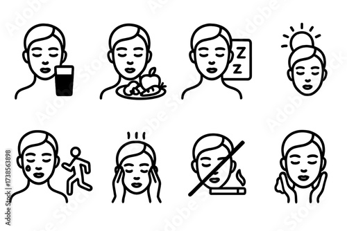 Face Care Icons. Solid, filled icon set of face care lifestyle habits: hydration, balanced diet, sleep, sun protection, exercise, stress relief, no smoking,
