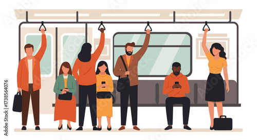 Diverse Group of People Riding a Subway Train Holding Onto Handrails and Using Smartphones