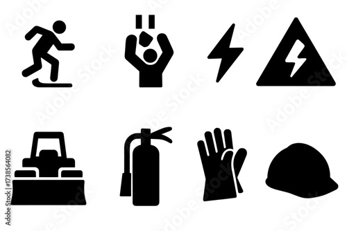Workplace Safety Icons. Solid, filled icon set of workplace hazards: slippery floor, falling object, high voltage, chemical spill, heavy machinery, fire