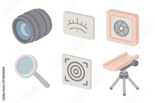 Lens Focus Tools Set. Isometric vector illustration set Manual Lens Focus Tools: lens with aperture ring, focus distance markings,