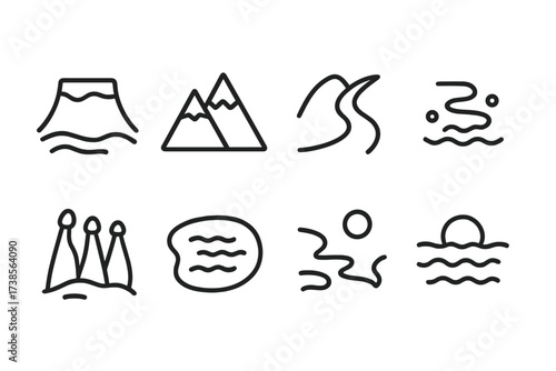 Turkish Geography Icons. Outline icon set of Turkish geography: Anatolia plateau, Taurus mountains, Bosphorus strait, Aegean coast, Cappadocia valleys, Lake