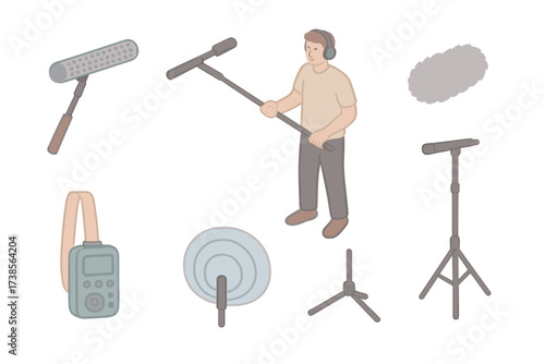 Boom Mic Setup. Isometric vector illustration set Microphone Boom Pole Recording: shotgun mic on boom pole, sound operator with