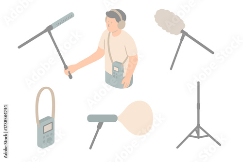 Boom Mic Setup. Isometric vector illustration set Microphone Boom Pole Recording: shotgun mic on boom pole, sound operator with