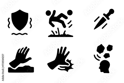 Telekinesis Icon Set. Solid, filled icon set of battle telekinesis: levitating shield, thrown enemy, flying weapon, ground lift, shockwave hand, defense dome,
