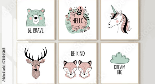 Set of Six Whimsical Nursery Wall Art Prints Featuring Cute Animals and Inspiring Messages for a Playful and Dreamy Atmosphere