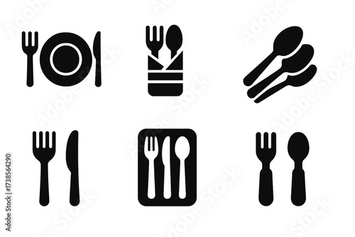Silverware Icon Collection. Solid, filled icon set of silverware sets: table setting, utensil bundle, cutlery in napkin, stacked spoons, matching fork and