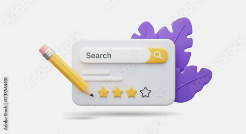 Online review system conceptual search bar with rating stars and pencil for user feedback and customer satisfaction analysis