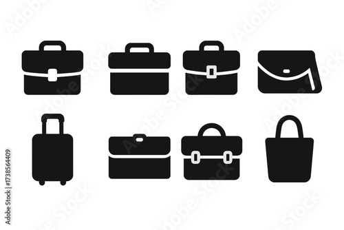 Black Briefcase Icons. Solid, filled icon set of briefcase types: business, laptop, portfolio, messenger bag, trolley case, document holder, executive case,