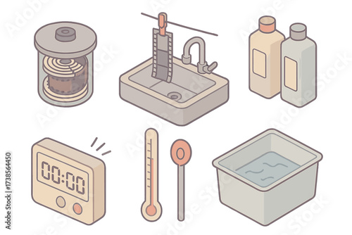 Film Development Process. Isometric vector illustration set Film Development Workflow: spiral tank with film reel, film drying