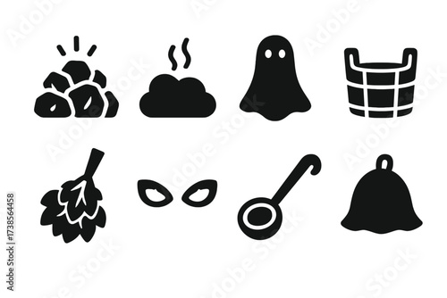 Mystical Sauna Icons. Solid, filled icon set of mystical sauna elements: glowing stones, steam cloud, spirit figure, wooden bucket, birch broom, glowing eyes,