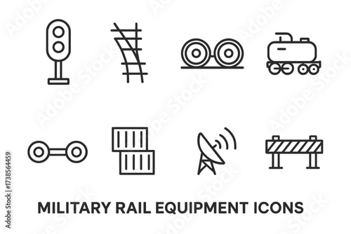 Military Rail Icons. Outline icon set of military rail equipment: signal lights, track switch, railcar wheels, engine boiler, coupling rods, cargo containers,