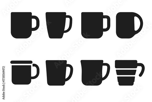 Mug Material Icons. Solid, filled icon set of mug materials: ceramic, glass, metal, plastic, enamel, porcelain, stainless steel, silicone. Solid, filled icons