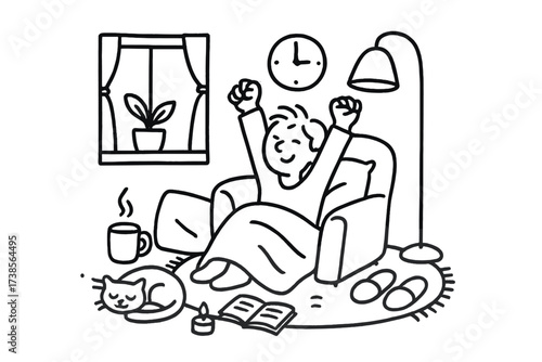 Cozy Corner Doodle. Hand-drawn doodle illustration A person stretching after a nap in a cozy corner pillow, blanket, mug, cat, book, slippers, candle, plant