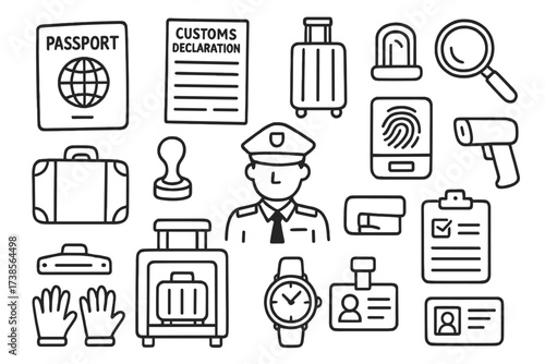 Customs Inspection Doodles. Hand-drawn doodle illustration International customs procedures passport, customs declaration form, luggage, magnifying glass,