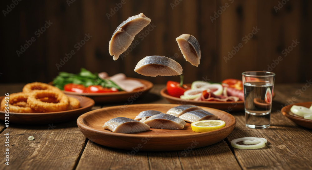 Fototapeta premium Sliced herring with onion rings and vegetables on wooden table