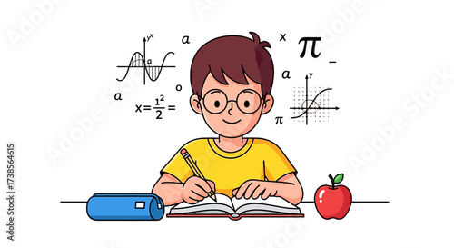 A young student wearing glasses sits at a desk studying math with formulas and graphs around him an apple sits on the desk