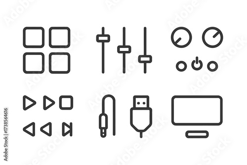 MIDI Hardware Icon Set. Outline icon set of MIDI hardware controls: pad buttons, sliders, knobs, transport keys, headphone jack, USB port, power indicator,