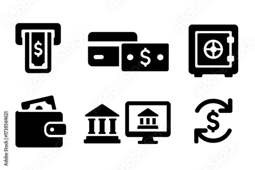 Offshore Banking Icons. Solid, filled icon set of offshore banking services: ATM, credit card, banknote, safe deposit box, digital wallet, bank building,