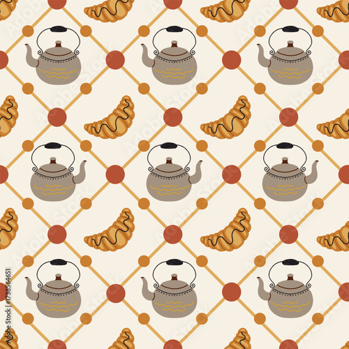 Breakfast Kettle and Croissant Vector Seamless Pattern